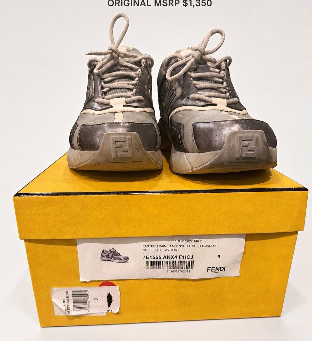 FENDI Faster Trainer Men's Gray/Beige Low Top Nylon Sneakers 7E1555-AKX4